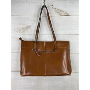S-Zone Leather Zip Tote Shoulder Bag Large Distressed Cognac Brown Double Straps